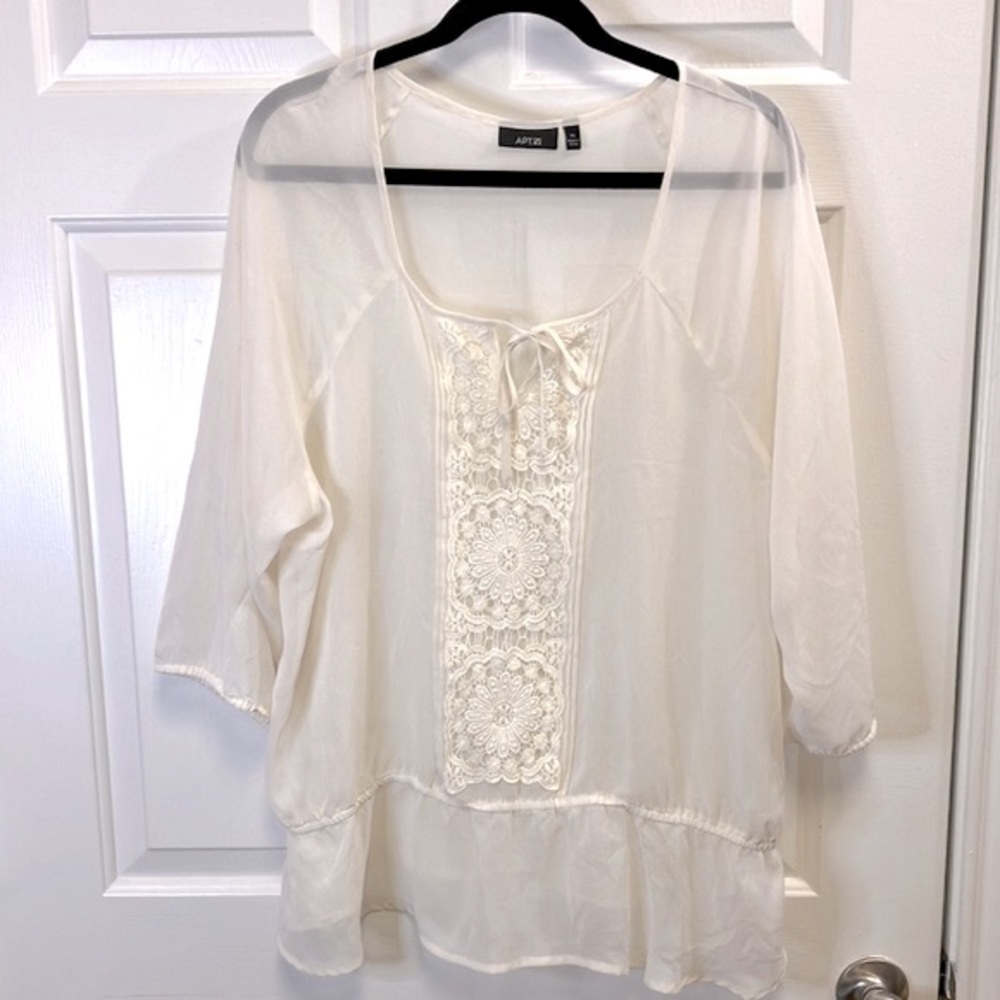 Apt 9 Ladies Boho Ivory Crochet Front 3/4 Sleeve Pullover Sheer Blouse Size XL